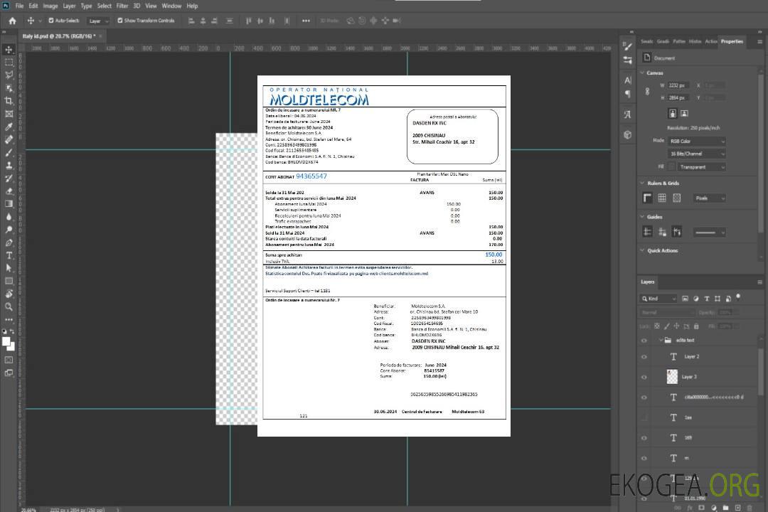Modèle de facture de services publics de Moldavie Moldtelecom aux formats Word et PDF, entièrement modifiable template